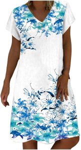 Ulanda-Dresses for Women Casual Mini Dress Summer Loose V-Neck Stripe Dot Short Sleeve Ruffle Tiered Hem Linen Dress