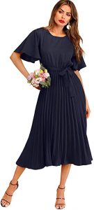 Boat Neck Dresses - Milumia Women's Elegant Belted Pleated Flounce Sleeve Long Dress