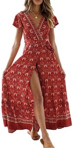 V Neckline Dresses - ZESICA Women's Bohemian Floral Printed Wrap V Neck Short Sleeve Split Beach Party Maxi Dress