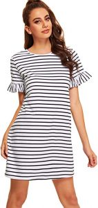 Striped Dresses - Floerns Women's Summer Casual Ruffle Short Sleeve Tunic Striped T-Shirt Dress