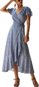 ECOWISH Womens Dresses Bohemian Wrap V Neck Short Sleeve Ethnic Style High Split Beach Maxi Dress